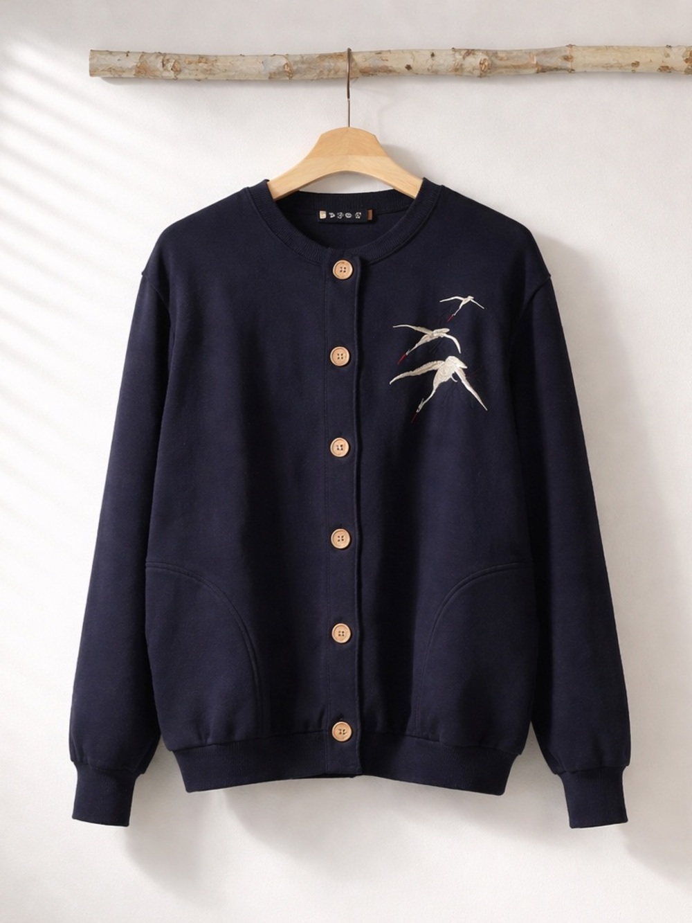 Unique Chinese Women’s Navy Embroidered Cranes Button-Knit Sweatshirt Size L